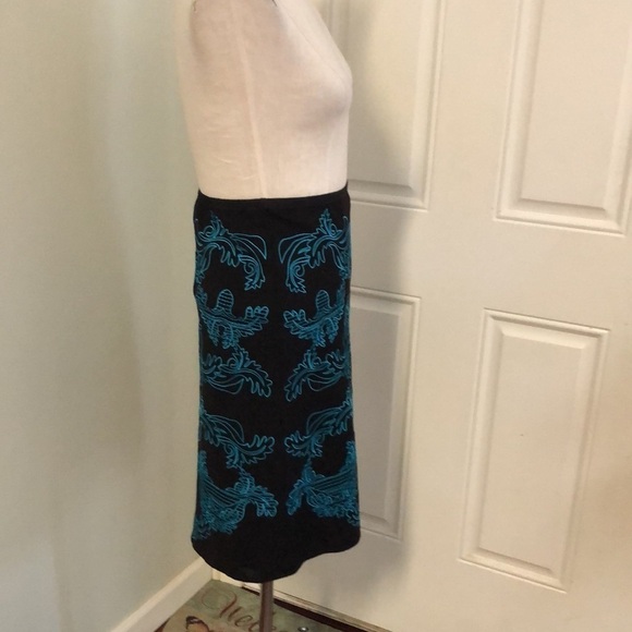 Etcetera Black Teal Embroidered A-Line Midi Skirt Size 2 - Picture 3 of 7